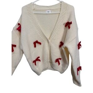 Luna Ivy Cream Knit Cardigan Red Velvet Bows Coquette V-Neck Sweater XS‎